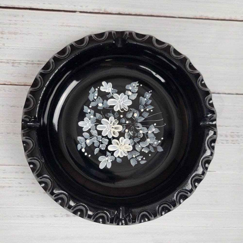 Vintage Fenton Art Glass Black Ebony Ashtray Hand Painted White Flowers Signed